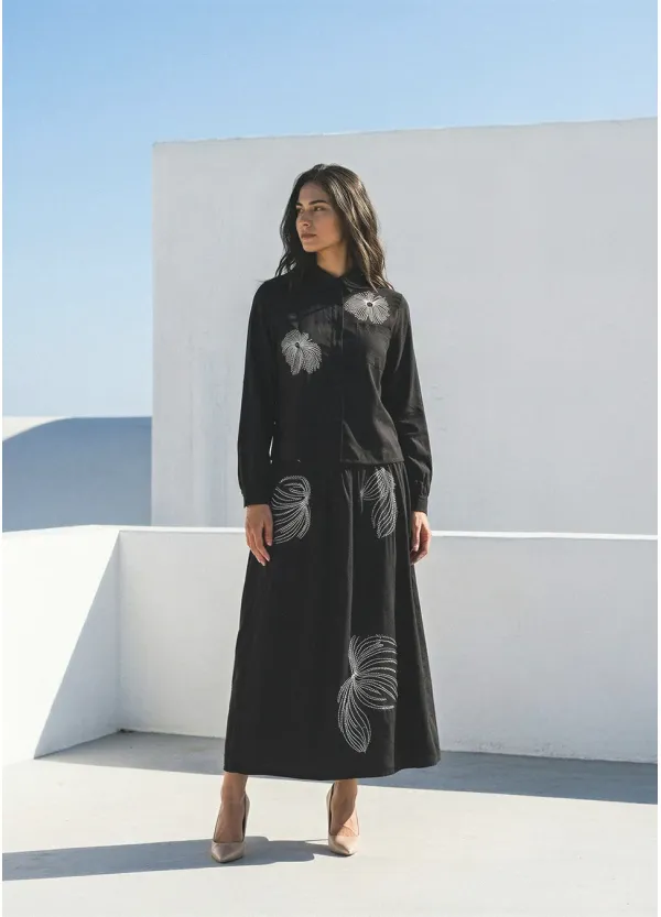 Black Embroidered Blouse and Midi Skirt Set