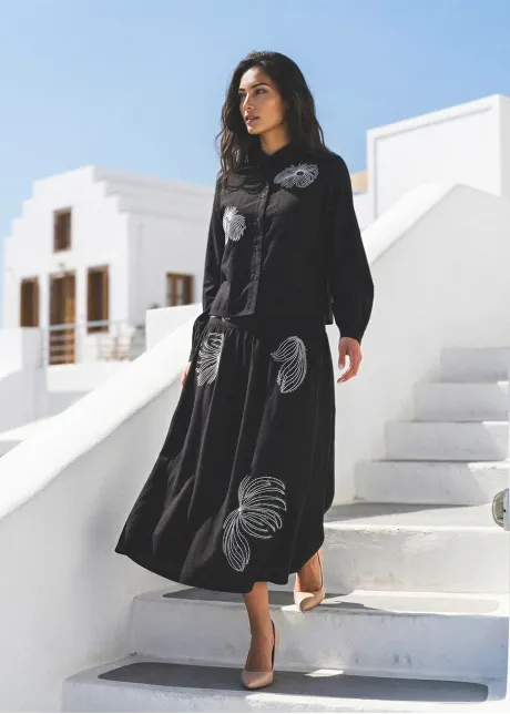 Black Embroidered Blouse and Midi Skirt Set