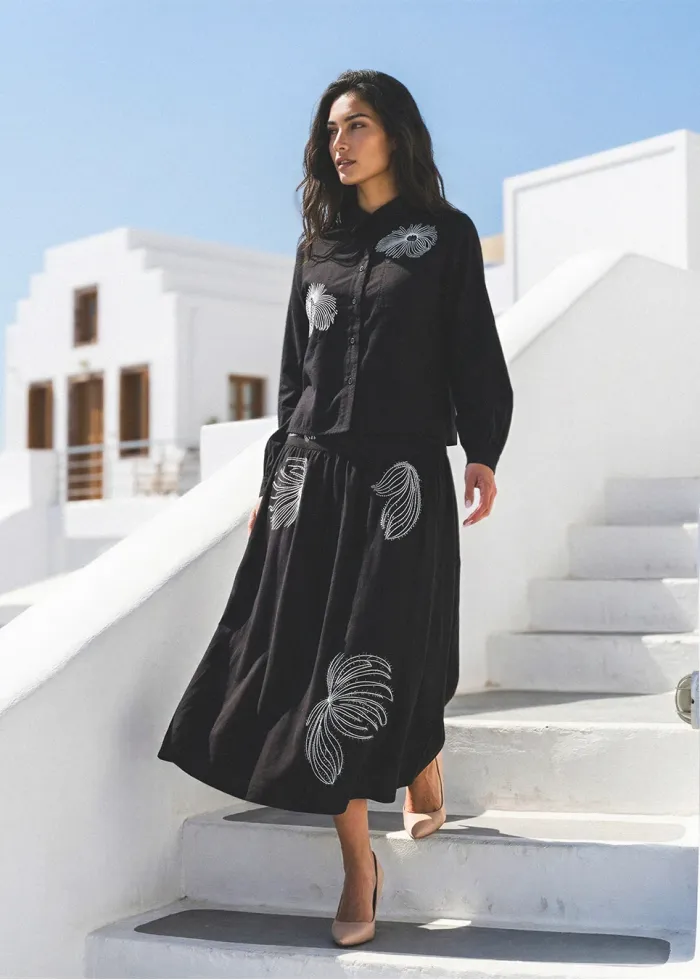 Black Embroidered Blouse and Midi Skirt Set