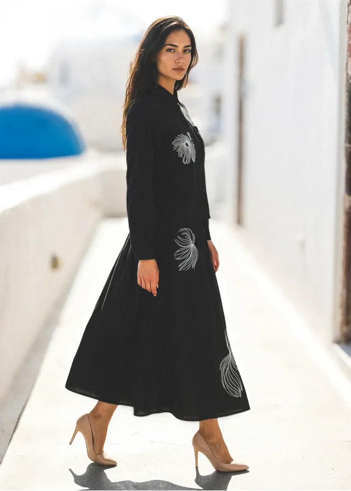 Black Embroidered Blouse and Midi Skirt Set