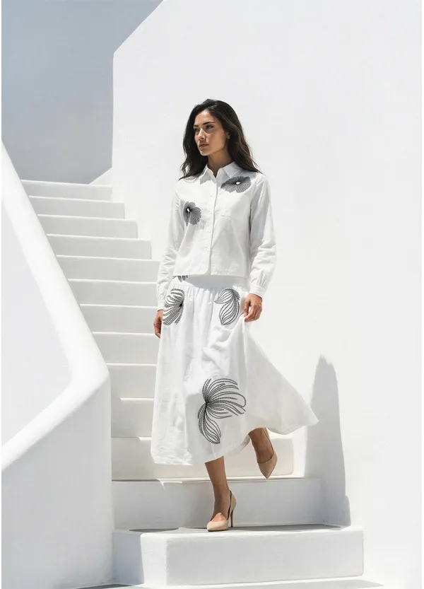 White Set with Black Floral Embroidery