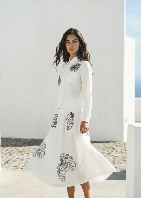 White Set with Black Floral Embroidery