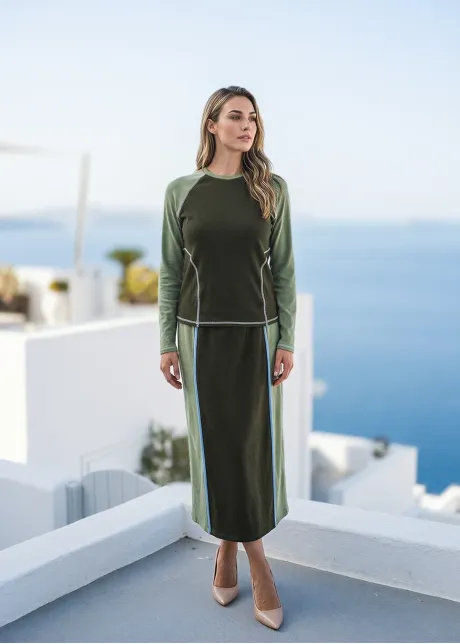 Two-Tone Olive Set – Colorblock Top and Midi Skirt
