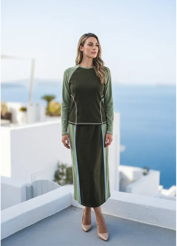 Two-Tone Olive Set – Colorblock Top and Midi Skirt