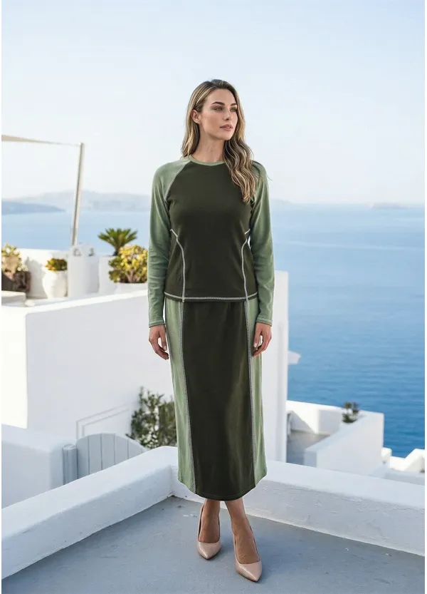 Two-Tone Olive Set – Colorblock Top and Midi Skirt