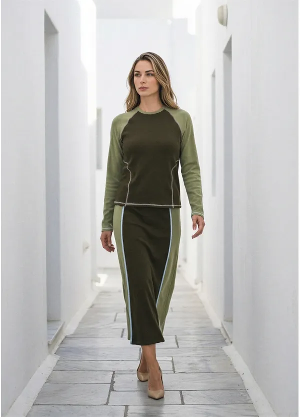 Two-Tone Olive Set – Colorblock Top and Midi Skirt
