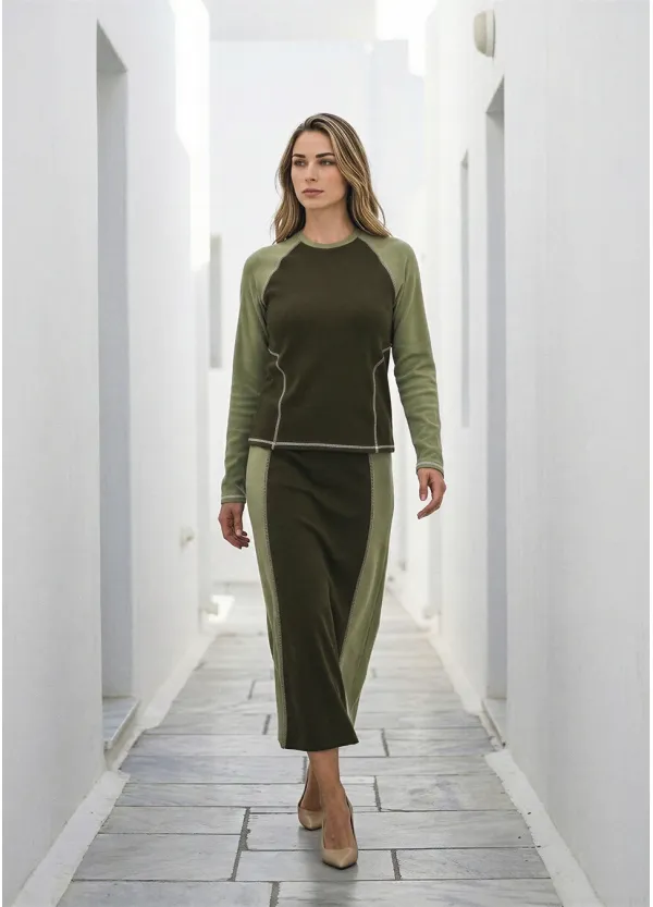 Two-Tone Olive Set – Colorblock Top and Midi Skirt