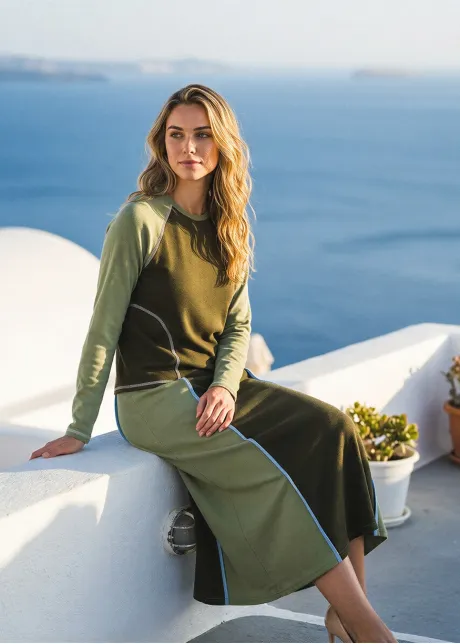 Two-Tone Olive Set – Colorblock Top and Midi Skirt