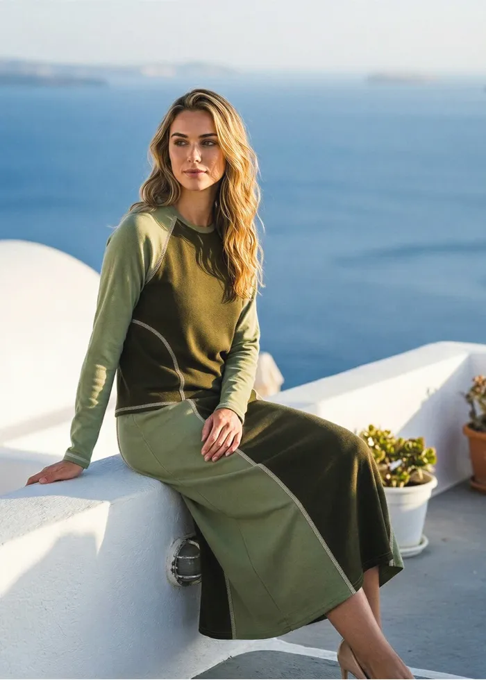 Two-Tone Olive Set – Colorblock Top and Midi Skirt