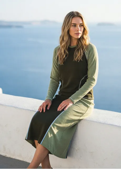 Two-Tone Olive Set – Colorblock Top and Midi Skirt