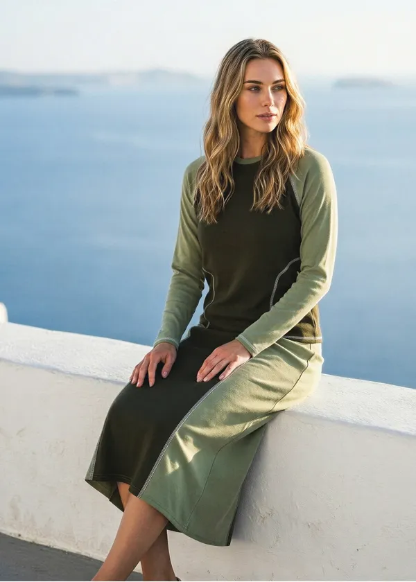 Two-Tone Olive Set – Colorblock Top and Midi Skirt