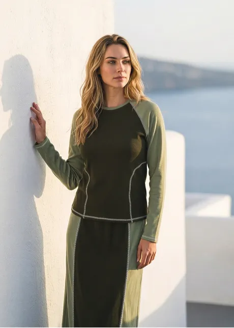 Two-Tone Olive Set – Colorblock Top and Midi Skirt