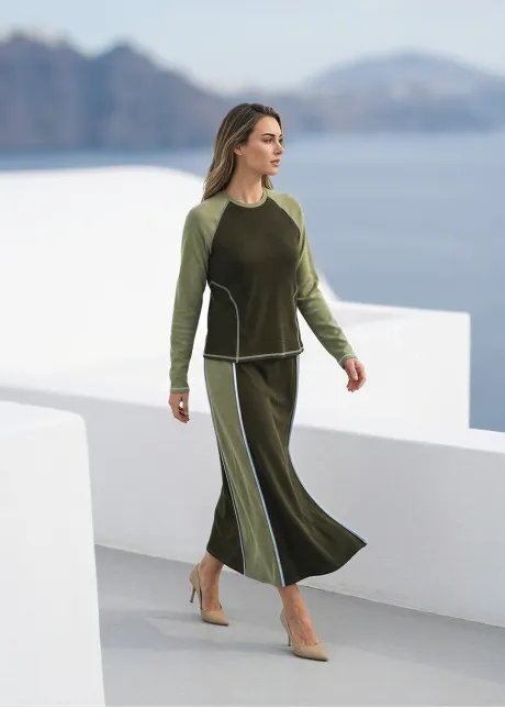 Two-Tone Olive Set – Colorblock Top and Midi Skirt