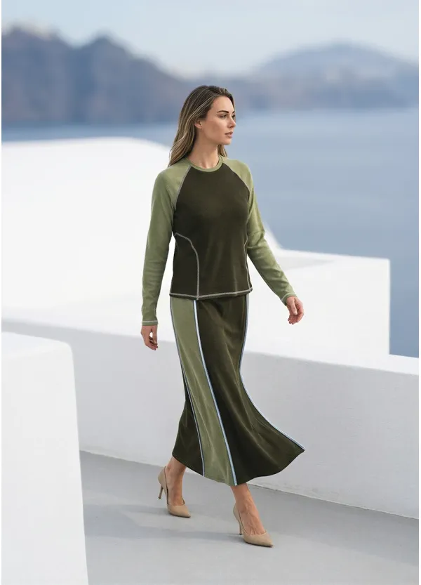 Two-Tone Olive Set – Colorblock Top and Midi Skirt