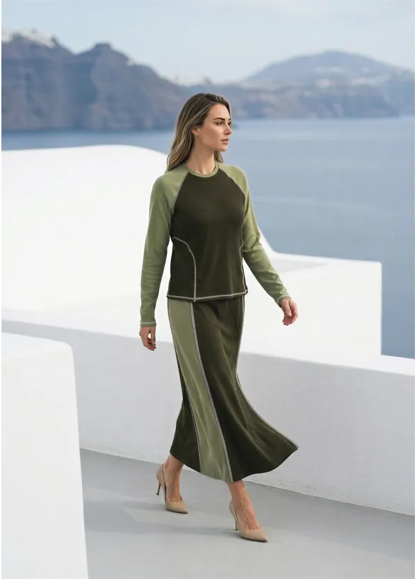 Two-Tone Olive Set – Colorblock Top and Midi Skirt