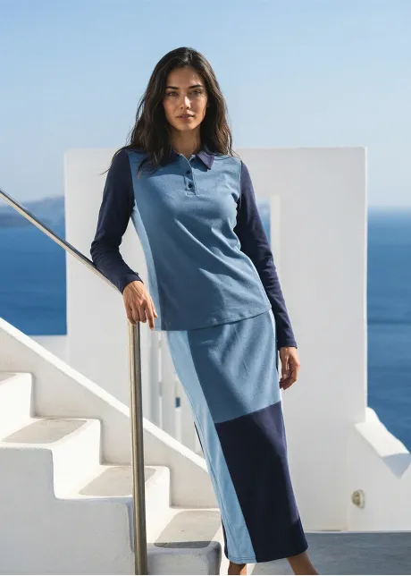 Blue Colorblock Polo Top & Midi Skirt Set