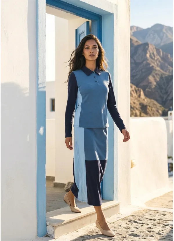 Blue Colorblock Polo Top & Midi Skirt Set