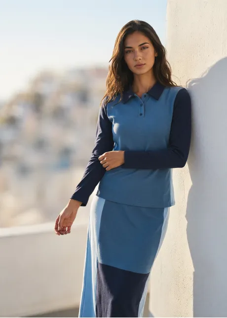 Blue Colorblock Polo Top & Midi Skirt Set