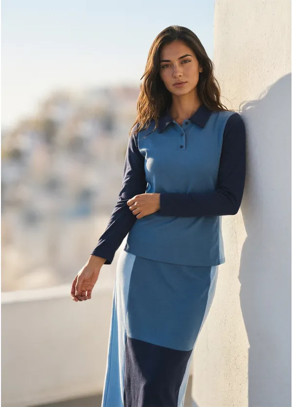Blue Colorblock Polo Top & Midi Skirt Set