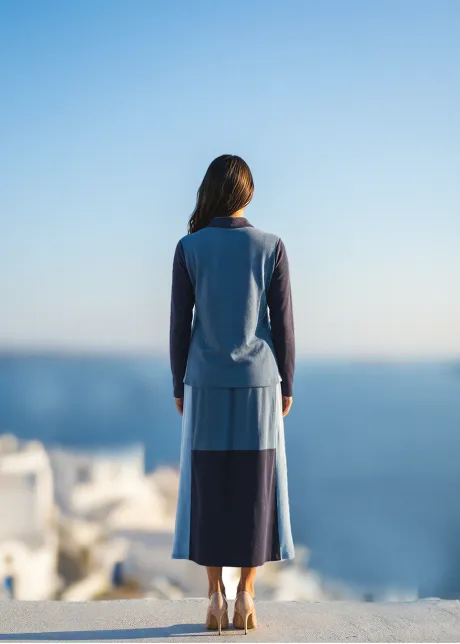 Blue Colorblock Polo Top & Midi Skirt Set