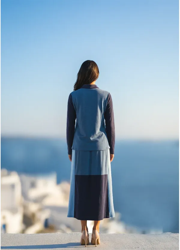 Blue Colorblock Polo Top & Midi Skirt Set