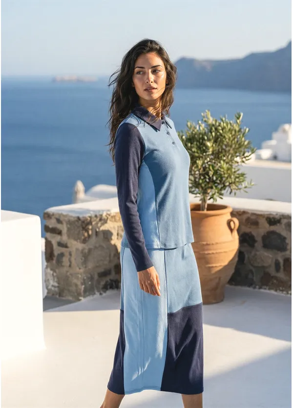 Blue Colorblock Polo Top & Midi Skirt Set