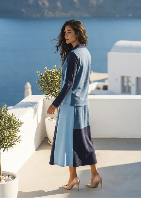 Blue Colorblock Polo Top & Midi Skirt Set
