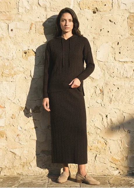Brown Cable Knit Hoodie and Skirt Set