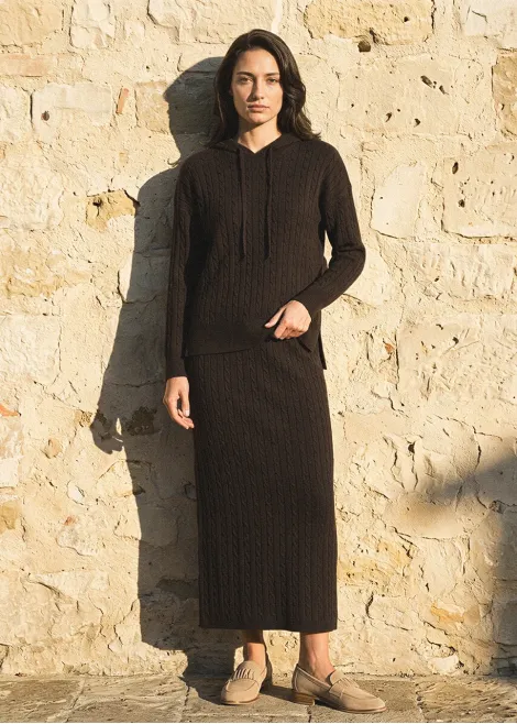 Brown Cable Knit Hoodie and Skirt Set