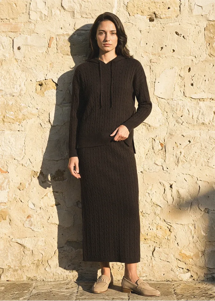 Brown Cable Knit Hoodie and Skirt Set