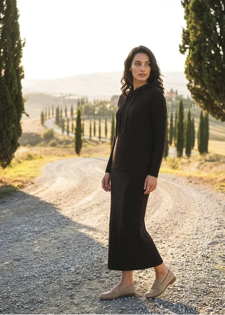 Brown Cable Knit Hoodie and Skirt Set