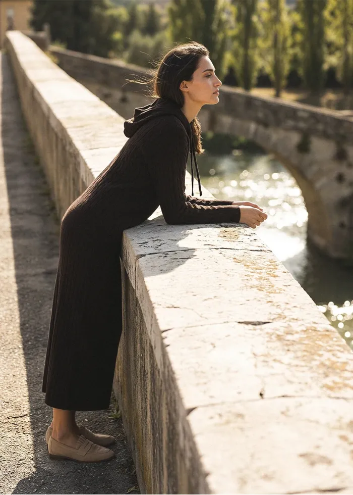 Brown Cable Knit Hoodie and Skirt Set