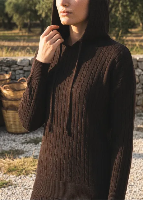 Brown Cable Knit Hoodie and Skirt Set