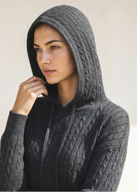 Heather Grey Cable Knit Hoodie and Skirt Set