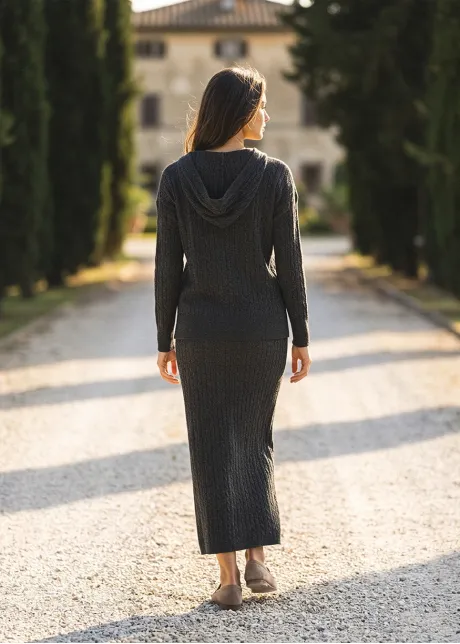 Heather Grey Cable Knit Hoodie and Skirt Set