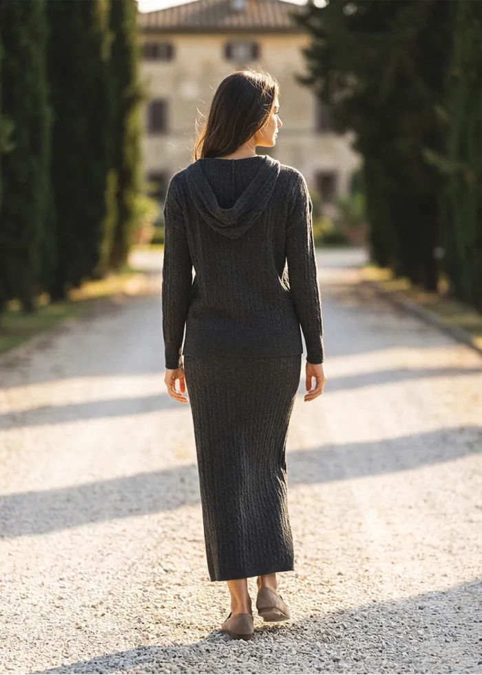 Heather Grey Cable Knit Hoodie and Skirt Set