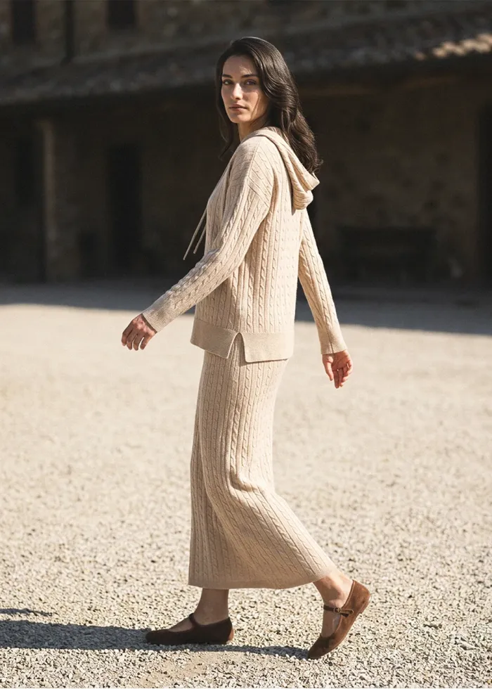 Oatmeal Cable Knit Hoodie and Skirt Set