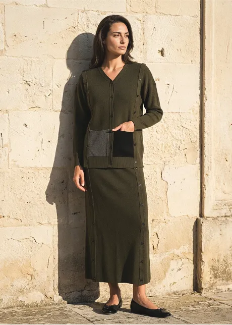 Olive Ribbed Knit Cardigan and Skirt Set