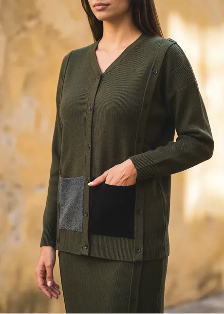 Olive Ribbed Knit Cardigan and Skirt Set