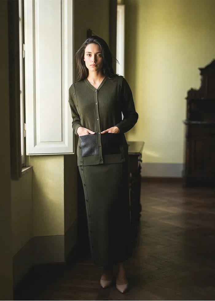 Olive Ribbed Knit Cardigan and Skirt Set
