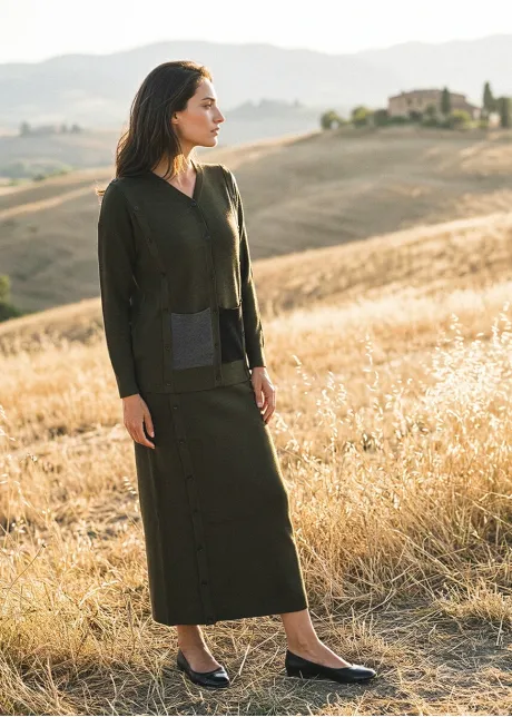 Olive Ribbed Knit Cardigan and Skirt Set
