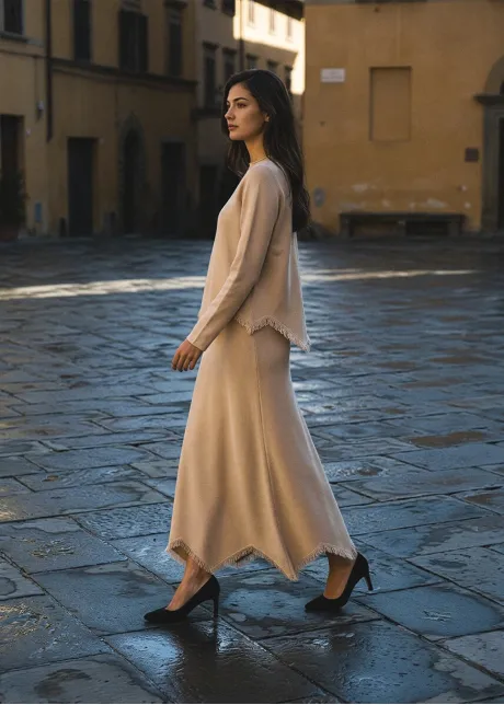 Cream Fringe Knit Sweater and Skirt Set