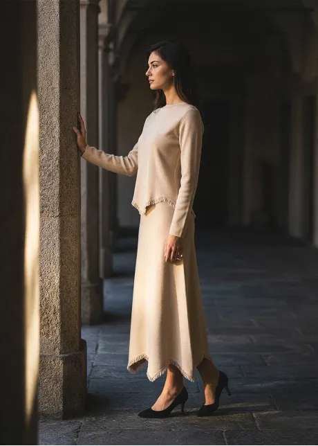Cream Fringe Knit Sweater and Skirt Set
