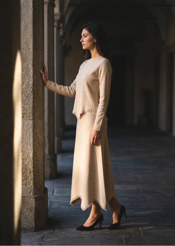 Cream Fringe Knit Sweater and Skirt Set