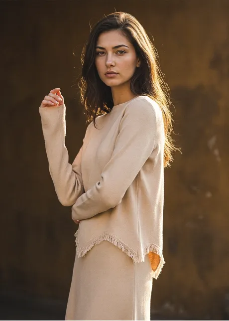 Cream Fringe Knit Sweater and Skirt Set