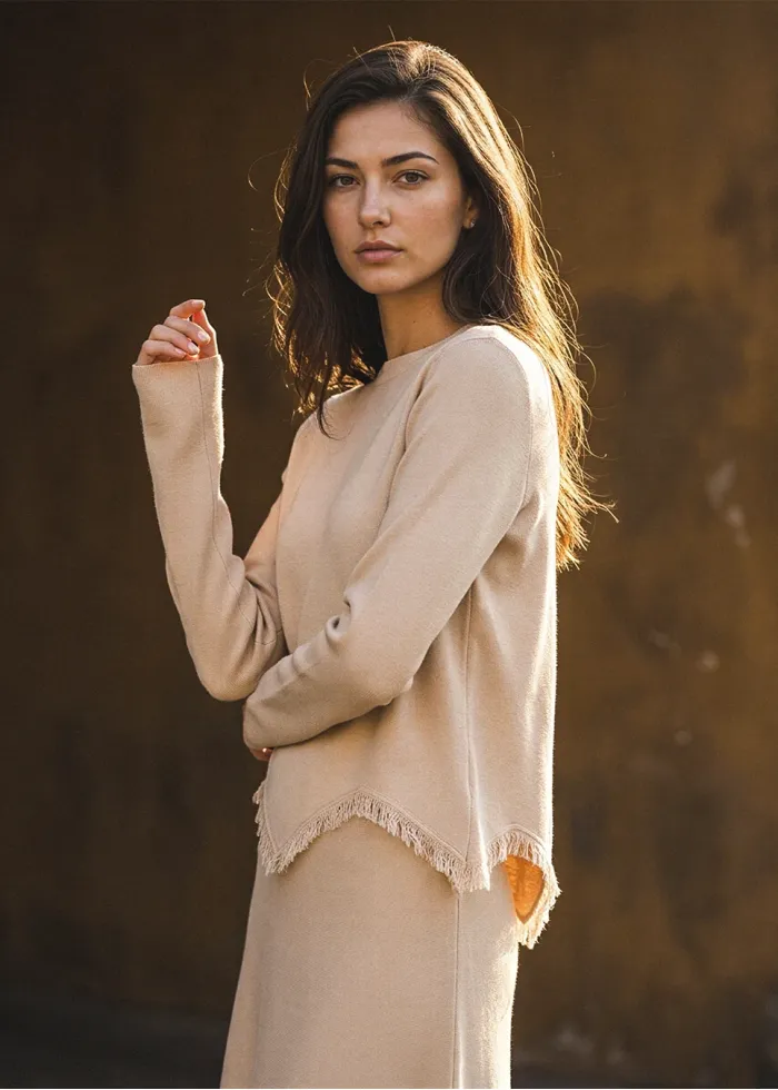 Cream Fringe Knit Sweater and Skirt Set