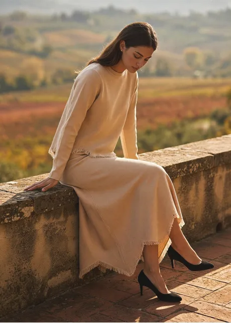 Cream Fringe Knit Sweater and Skirt Set