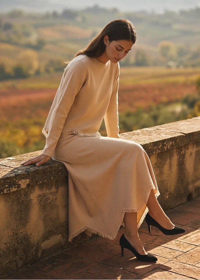 Cream Fringe Knit Sweater and Skirt Set