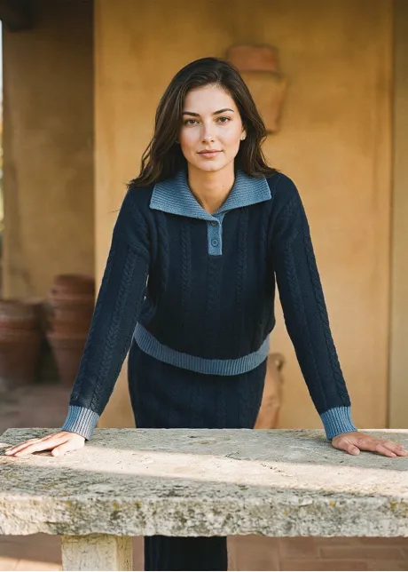 Navy Cable Knit Polo and Skirt Set
