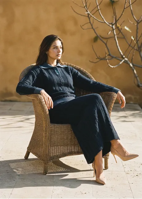 Navy Cable Knit Polo and Skirt Set